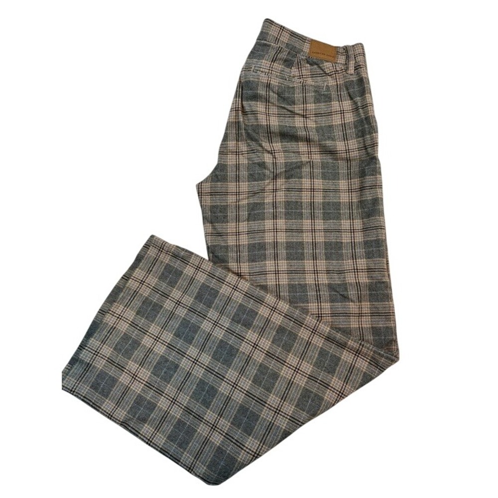 American Eagle Plaid Trousers Women's Tan Wide Leg Preppy Business Pants 10 Long